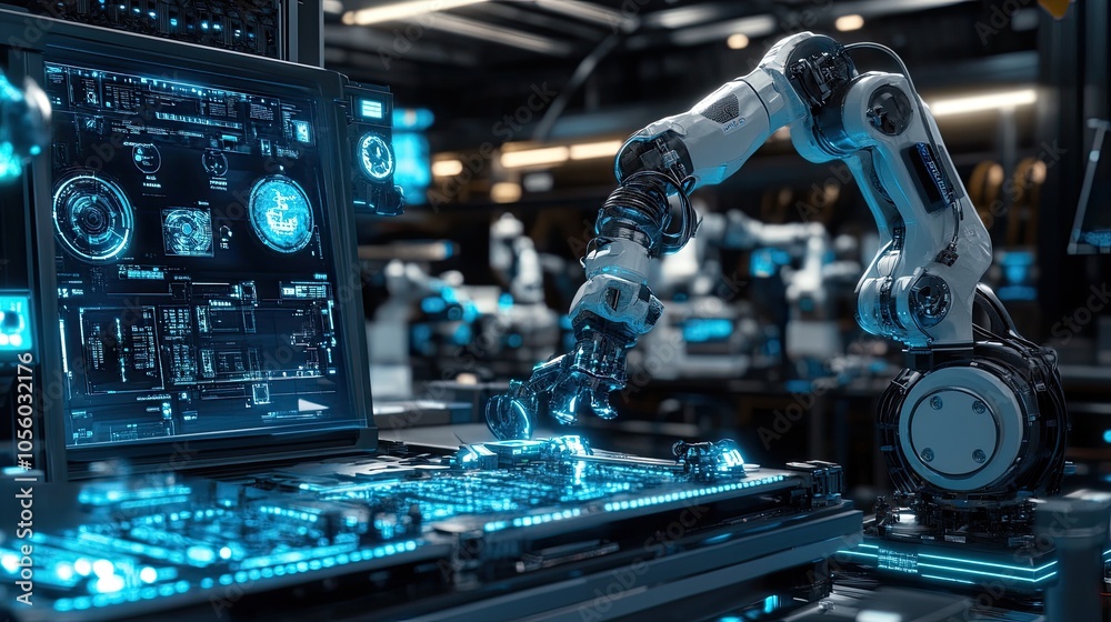 Advanced manufacturing setup with robotic arms in action, highlighting cutting-edge technology in a factory setting Advanced manufacturing setup with robotic arms in action, highlighting cutting-edge technology in a factory setting