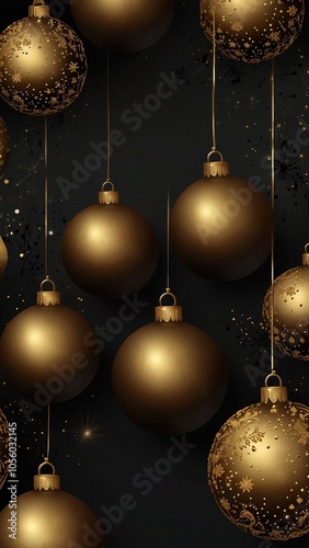 Black vertical background with gold Christmas balls and copy space. New Year, winter holidays. 