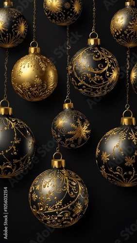 Black vertical background with gold Christmas balls and copy space. New Year, winter holidays. 