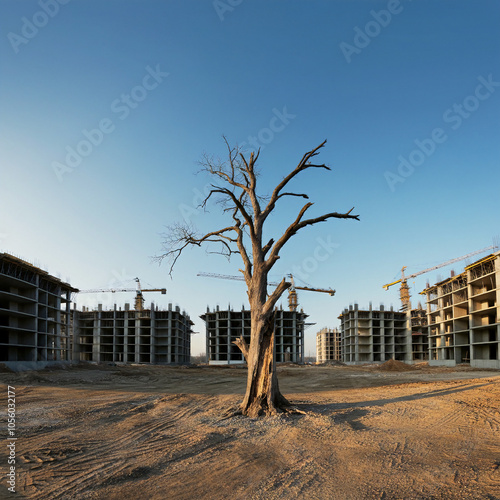 a bare tree in the middle of construction site tree with no leaves in a worksite damage to nature deforestation photo