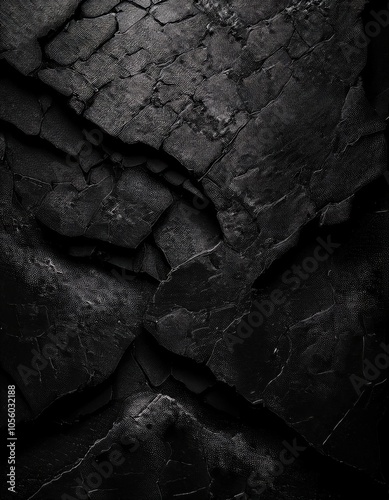 A close up of a black cracked wall with a black background