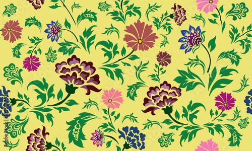 A vibrant and intricate floral pattern fills the frame, showcasing a diverse array of colorful flowers and leaves against a warm yellow background.