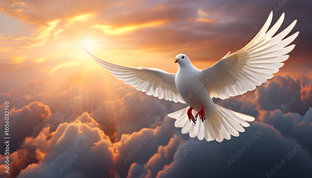 Obraz premium Holy Spirit White Dove Pigeon Flying In Heaven Clouds Sunset Faith Religious Conviction Pentecost Easter Christian Spirituality