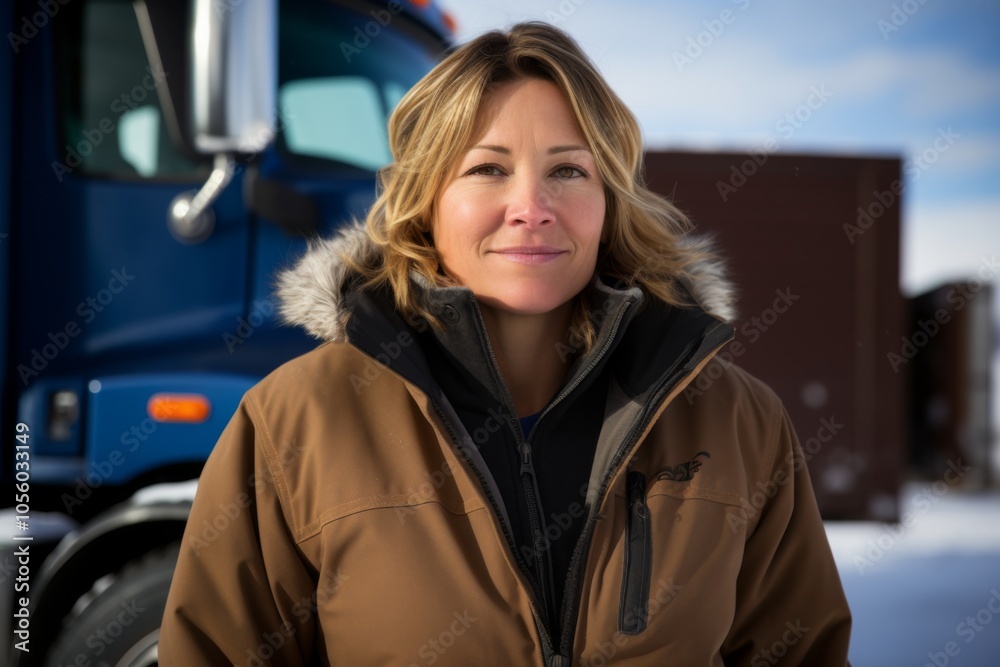 Portrait of a smiling middle aged female truck driver on snow Portrait of a smiling middle aged female truck driver on snow
