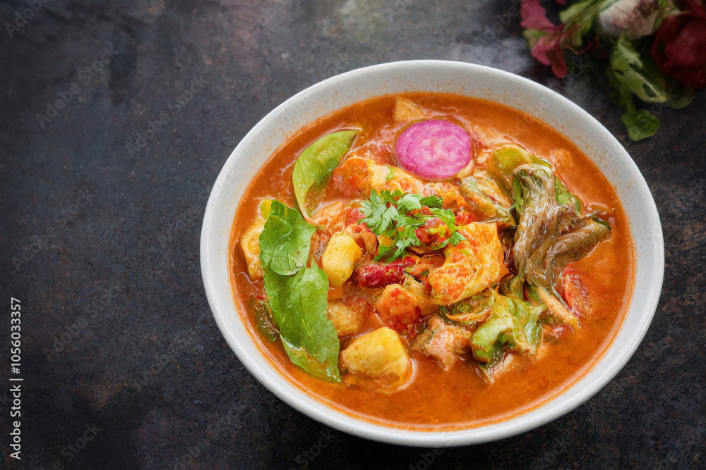 A vibrant bowl of spicy Thai red curry featuring creamy coconut milk, fresh vegetables, and aromatic herbs. For photo presentation, food promotional