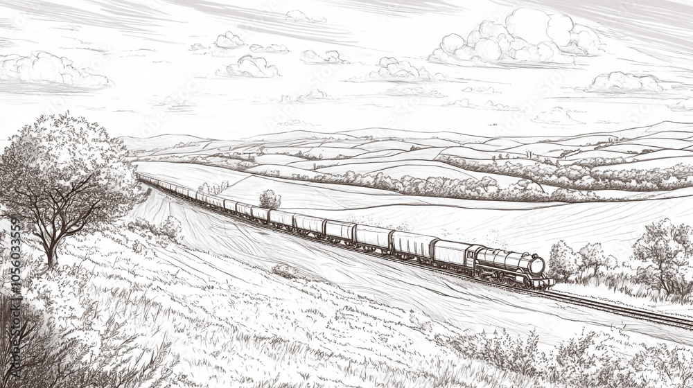 Fototapeta premium Train Journey Through Rolling Hills Sketch Illustration