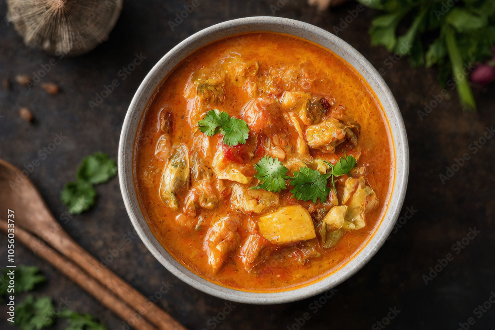 A vibrant bowl of spicy Thai red curry featuring creamy coconut milk, fresh vegetables, and aromatic herbs. For photo presentation, food promotional A vibrant bowl of spicy Thai red curry featuring creamy coconut milk, fresh vegetables, and aromatic herbs. For photo presentation, food promotional