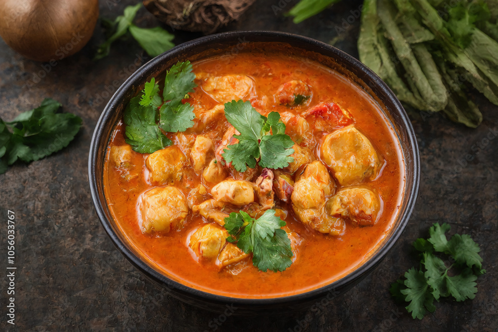 A vibrant bowl of spicy Thai red curry featuring creamy coconut milk, fresh vegetables, and aromatic herbs. For photo presentation, food promotional A vibrant bowl of spicy Thai red curry featuring creamy coconut milk, fresh vegetables, and aromatic herbs. For photo presentation, food promotional