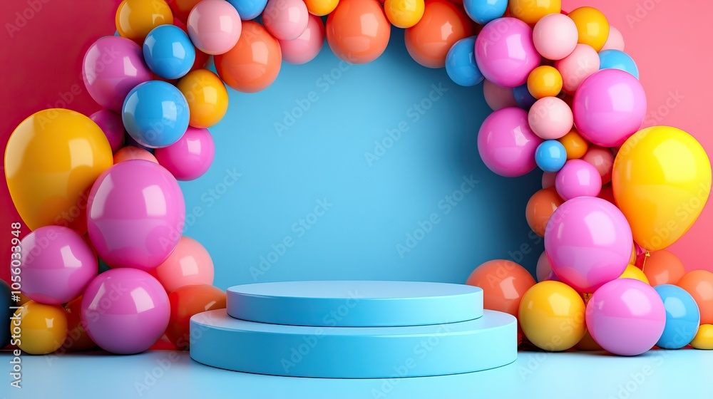 A vibrant backdrop featuring colorful balloons in various sizes, framing a blue stage against a pink wall, perfect for celebrations and events. A vibrant backdrop featuring colorful balloons in various sizes, framing a blue stage against a pink wall, perfect for celebrations and events.