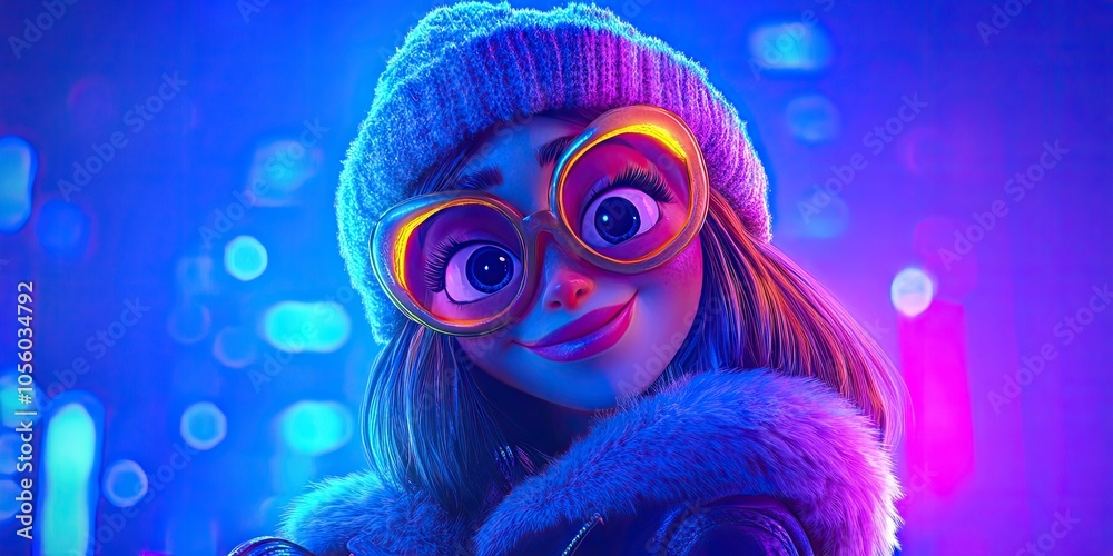 Smiling woman wearing a stylish fur cap against a vibrant blue backdrop, cheerful portrait photography Smiling woman wearing a stylish fur cap against a vibrant blue backdrop, cheerful portrait photography