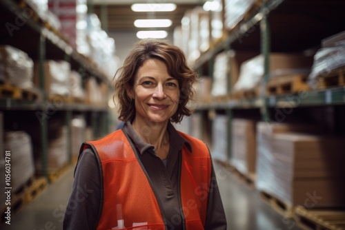 Portrait of a joyful middle aged female warehouse worker