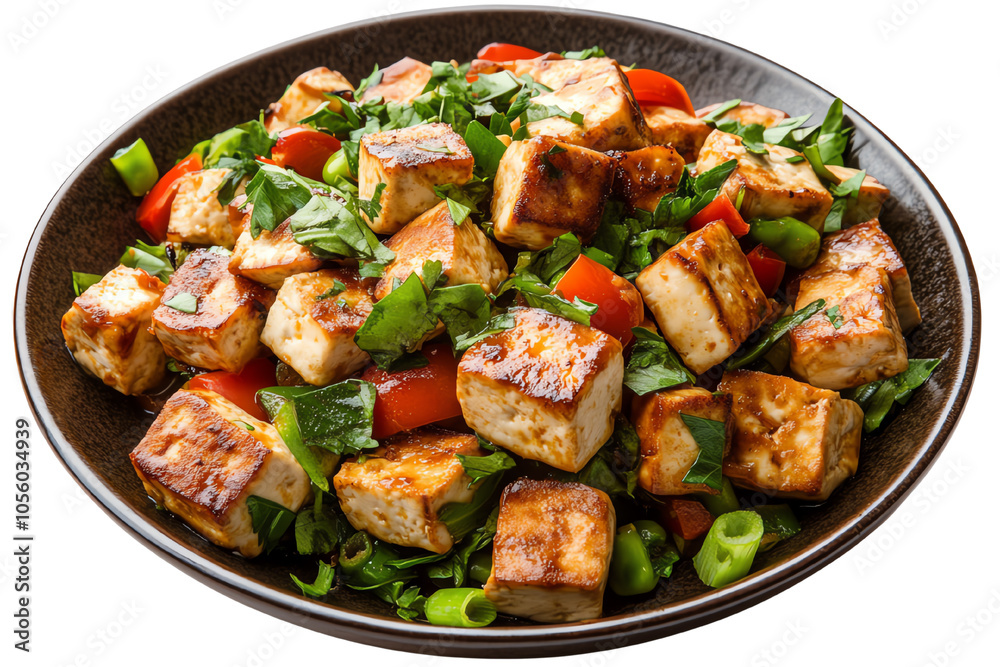 Delicious tofu stir-fry with vibrant vegetables on a black plate, perfect for healthy eating. Delicious tofu stir-fry with vibrant vegetables on a black plate, perfect for healthy eating.