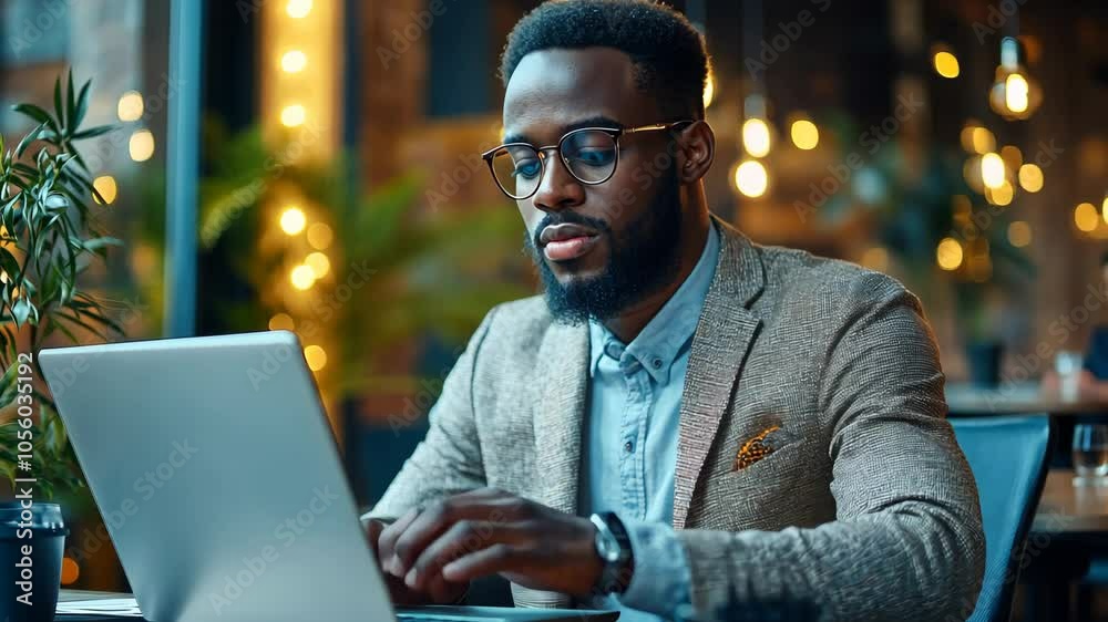 Black man typing on laptop computer, human resources. Video Black man typing on laptop computer, human resources. Video