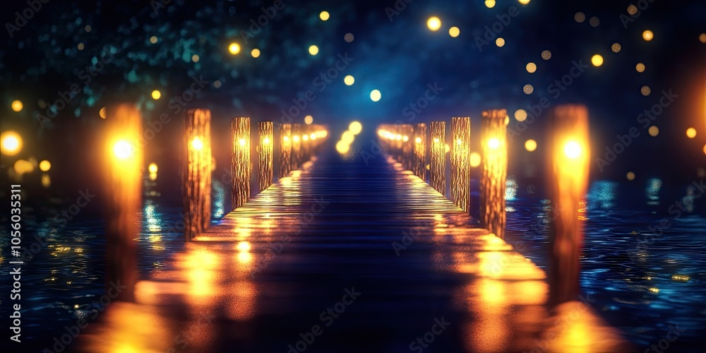Defocused abstract night background featuring a pier illuminated by soft lights, creating a dreamy and tranquil atmosphere. Defocused abstract night background featuring a pier illuminated by soft lights, creating a dreamy and tranquil atmosphere.