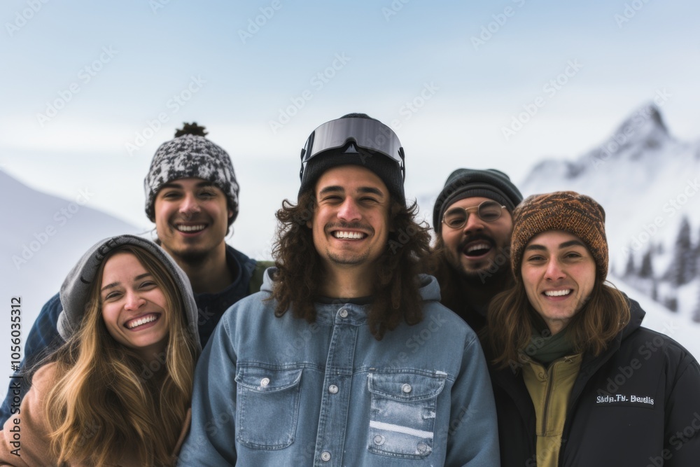 Diverse group of smiling snowboarders on a snowy mountain Diverse group of smiling snowboarders on a snowy mountain