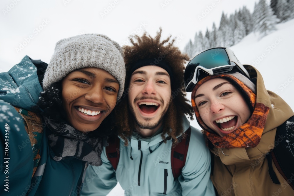 Diverse group of smiling snowboarders on a snowy mountain Diverse group of smiling snowboarders on a snowy mountain
