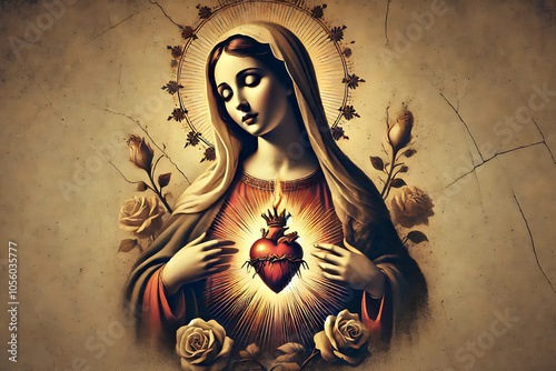 Imaculado Coração de Maria - Corazón Inmaculado de María - Immaculate Heart of Mary , Sagrado Coração de Maria - Pintura envelhecida