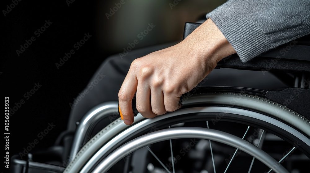 Close-up of a person's hand on the wheel of a wheelchair, suggesting mobility and accessibility. The image focuses on the grip and the wheelchair's wheel. Close-up of a person's hand on the wheel of a wheelchair, suggesting mobility and accessibility. The image focuses on the grip and the wheelchair's wheel.