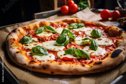 Neapolitan pizza margherita served in a cardboard box