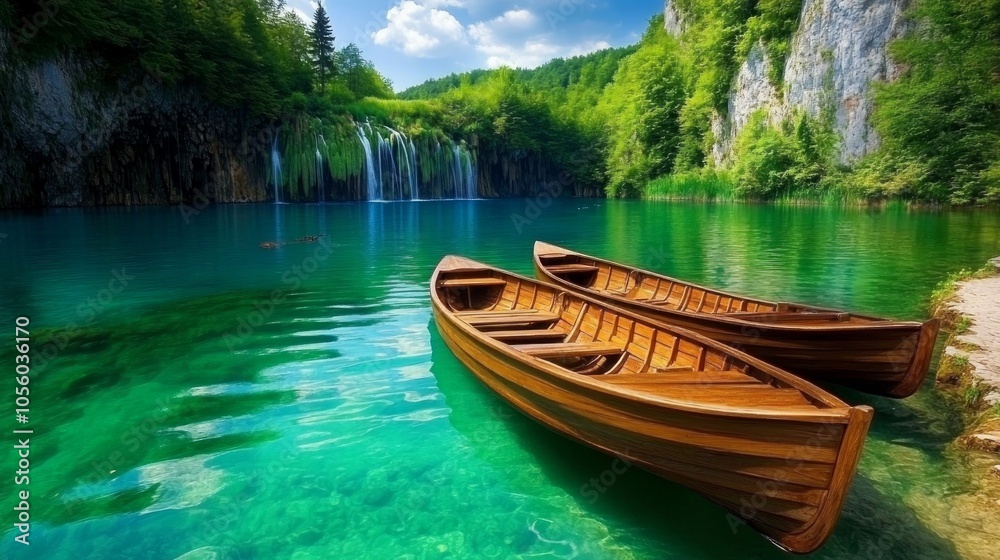 Obraz premium Two wooden boats on a crystal clear lake, surrounded by lush greenery and a cascading waterfall in the distance.