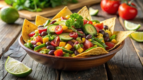 Spicy Mexican vegetarian taco salad with avocado, corn, pepper, tomato, and beans