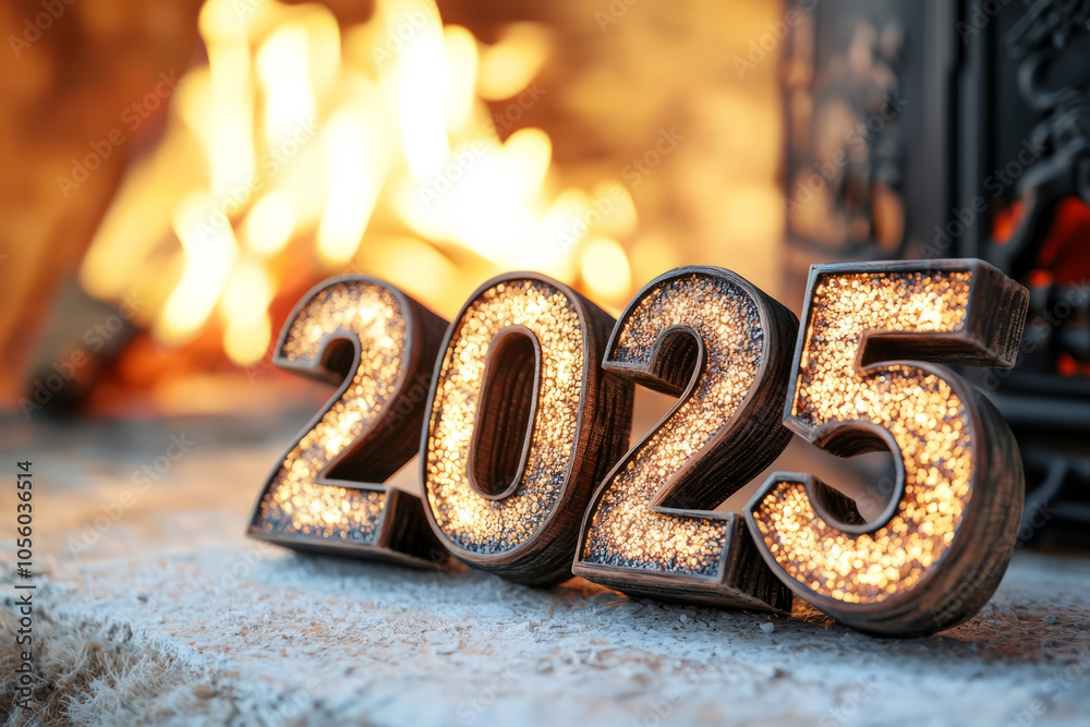 The numbers 2025 against the backdrop of a cozy fireplace casting a warm golden light. The numbers 2025 against the backdrop of a cozy fireplace casting a warm golden light.