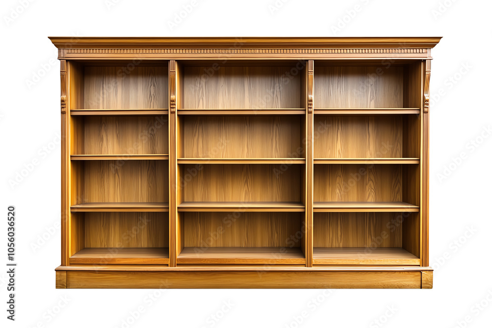 Elegant wooden bookshelf with spacious shelves for books or decorative items, isolated on a white background. Elegant wooden bookshelf with spacious shelves for books or decorative items, isolated on a white background.