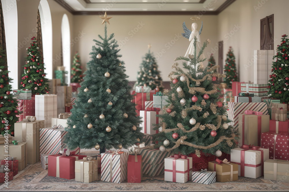 Several Christmas trees decorated with baubles and gifts around in the room. Several Christmas trees decorated with baubles and gifts around in the room.
