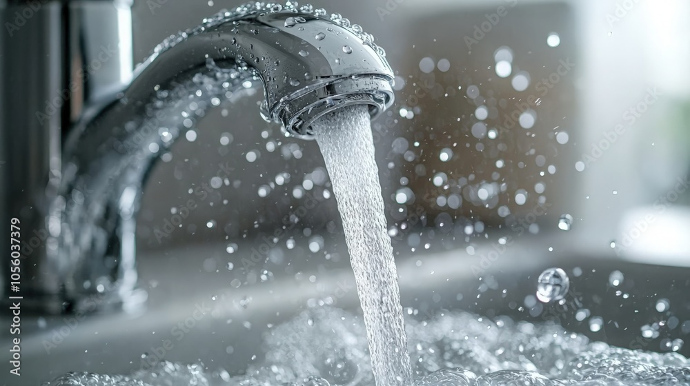 Water flows from a modern faucet into a sink, creating droplets in a bright kitchen Water flows from a modern faucet into a sink, creating droplets in a bright kitchen