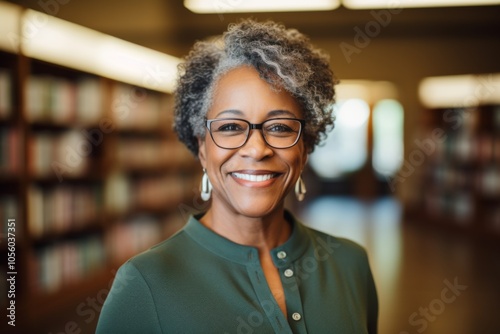 Smiling portrait of a African American senior female professor in library