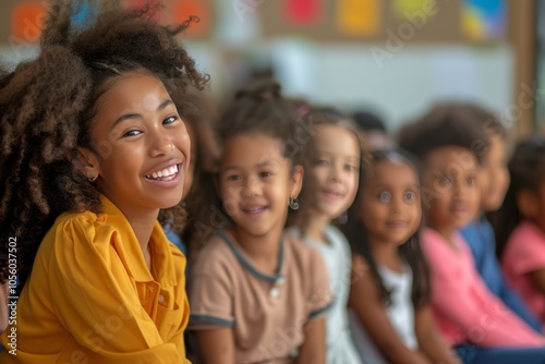 A diverse group of smiling children enjoying a fun classroom activity together during a bright afternoon