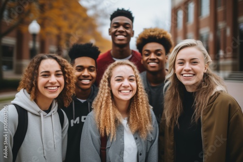Smiling portrait of a diverse group of students on college campus