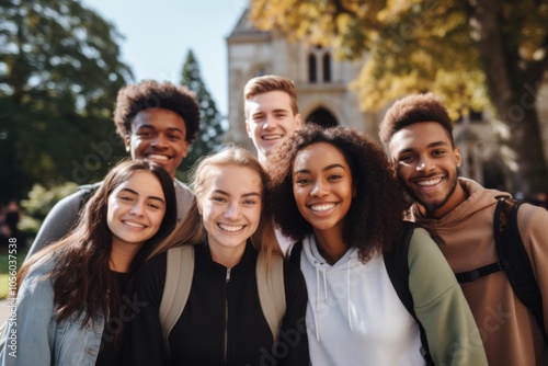 Smiling portrait of a diverse group of students on college campus