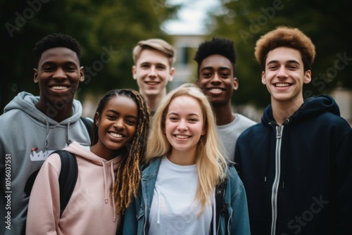 Smiling portrait of a diverse group of students on college campus