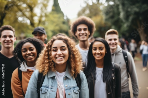 Smiling portrait of a diverse group of students on college campus