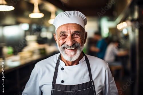 Smiling portrait of a senior chef working in kitchen