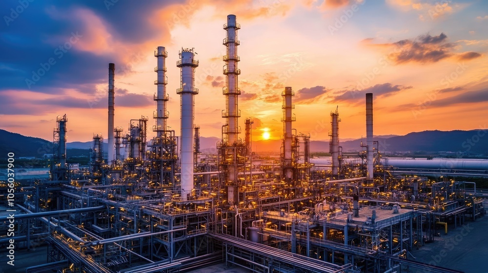 custom made wallpaper toronto digitalIndustrial landscape of an oil refinery with columns and pipelines under a cloudy sky, emphasizing energy production and technology
