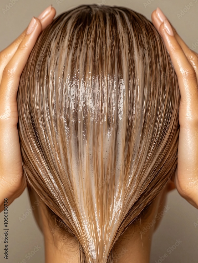 Naklejka premium Woman applying a moisturizing hair mask for healthy, shiny hair. Demonstrates importance of hair care routine and self care with cosmetics. Spa like experience for soft, smooth hair