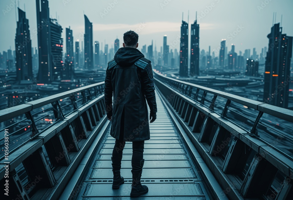 Futuristic cityscape with lone figure on urban bridge at dusk Futuristic cityscape with lone figure on urban bridge at dusk
