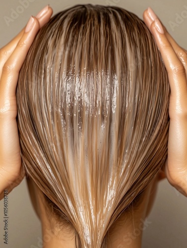 Woman applying a moisturizing hair mask for healthy, shiny hair. Demonstrates importance of hair care routine and self care with cosmetics. Spa like experience for soft, smooth hair