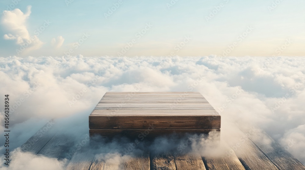 wooden empty podium on clouds. backdrops with clouds wooden empty podium on clouds. backdrops with clouds
