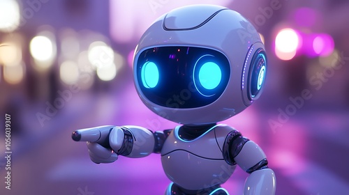 A cute white robot with blue glowing eyes