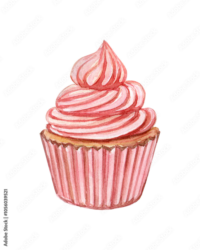 Pink cupcake with cream. Watercolor illustrations on a white background. Food Pink cupcake with cream. Watercolor illustrations on a white background. Food