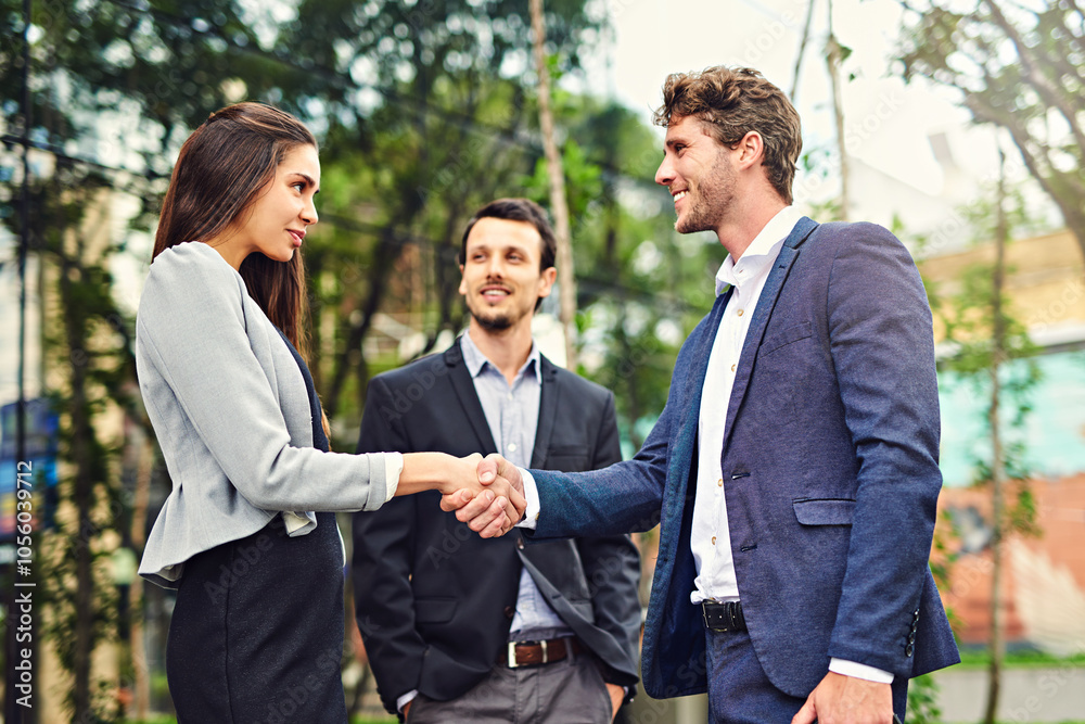 Business, people and smile with handshake outdoor with welcome, greeting and introduction. Woman, man and happy as employees with shaking hands for collaboration, partnership or agreement on deal Business, people and smile with handshake outdoor with welcome, greeting and introduction. Woman, man and happy as employees with shaking hands for collaboration, partnership or agreement on deal