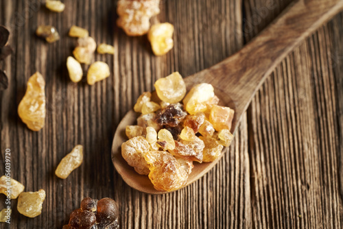 Frankincense or boswellia resin on wooden spoon