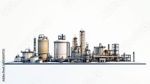 Minimalistic illustration of an oil refinery setup with simplified storage tanks, piping, and processing units on a white background