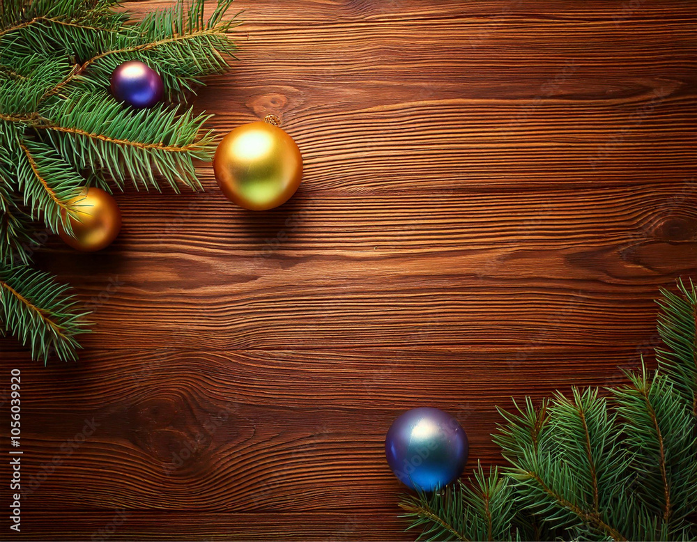 Fundo de madeira com galhos de pinheiro e bolas coloridas de Natal nos cantos. Com espaço para texto. Fundo de madeira com galhos de pinheiro e bolas coloridas de Natal nos cantos. Com espaço para texto.