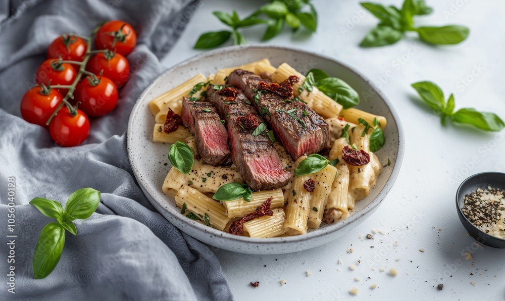 Delicious Plate of Rigatoni Pasta Topped With Grilled Steak Slices, Fresh Basil, and Cherry Tomatoes on a White Background