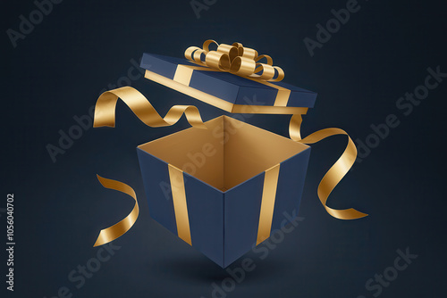 Luxury Navy Blue Gift Box with Gold Ribbon Floating in Mid-Air