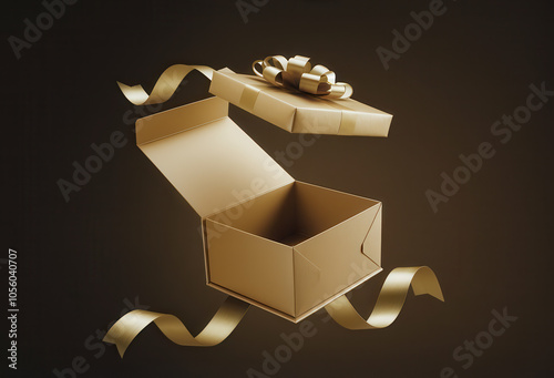 Elegant Golden Gift Box with Ribbon and Bow Floating in the Dark Brown Background